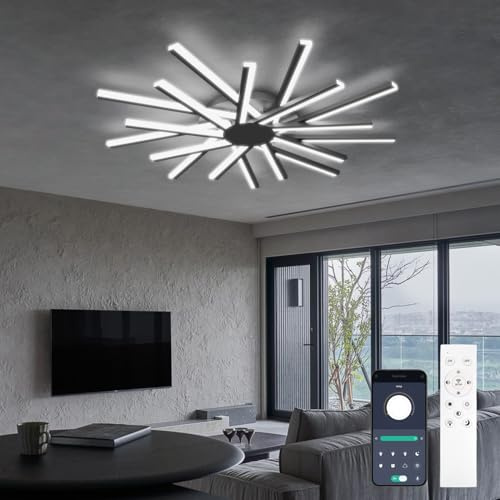 Lanmorn 96cm Deckenlampe Wohnzimmer Groß, Wohnzimmerlampe Decke with 18 LEDs, 126W, Dimmbar Ultrahell, Moderne Deckenbeleuchtung mit Fernbedienung, Schwarz