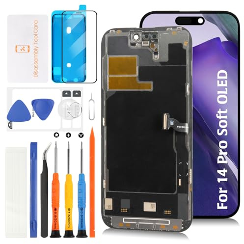 Olivechard Weiches OLED Display für iPhone 14 Pro Display [120Hz Promotion & Näherungssensorkabel] Bildschirm Ersatz 15,5 cm 3D Touch Display Digitizer Assembly A2890 A2650 A2889 A2892 mit Werkzeug
