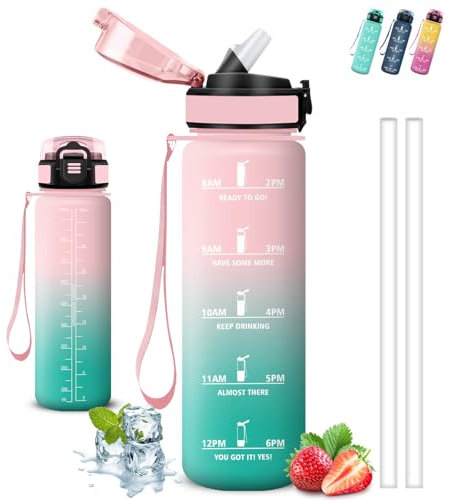 Gourde 1l, Gourde Sport, Anti Fuite, Gourde Graduée pour 1 Journee, Facile à Nettoyer, Gourde Graduée, avec Slogan de Motivation, Bouteille avec Verrou de sécurité, pour Camping, Aptitude, Randonnée