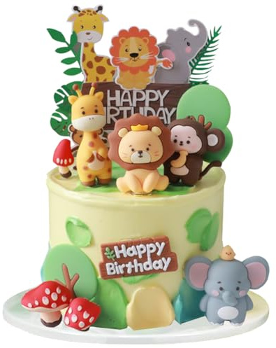 10 PCS Jungle Animal Cake Toppers, Animals Happy Birthday Cake Toppers Cake Decorations, Jungle Animal Birthday Cupcake Toppers for Kids Cake Decoration Birthday Shower Supplies