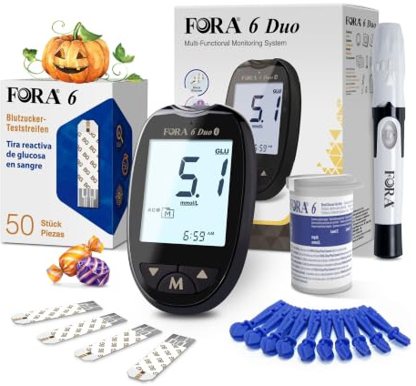 FORA 6 DUO Blutzuckermessgerät (mmol/L) mit 60 Blutzucker-Teststreifen + 60 Lanzetten | Bluetooth & App | Für Diabetes-Selbstkontrolle & Zuckermanagement