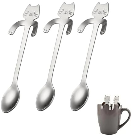 3PCS Stainless Steel Cat Hanging Coffee Spoons, Coffee Scoop | Creative Small Coffee Spoon and Coffee Scoop for Mug Drinks, Mini Dessert Spoons for Ice Cream, Tea, Sugar, Kitchen.