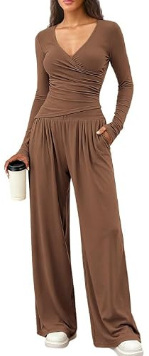Sukiglam Zweiteiler Damen Elegant Langarm V-Ausschnitt Trainingsanzüge Slim Fit Jogginganzug Wrap Top und Weite Beinhose mit Taschen Tracksuit Lounge Set 2 Teiler Freizeitanzug Hausanzug Streatwear