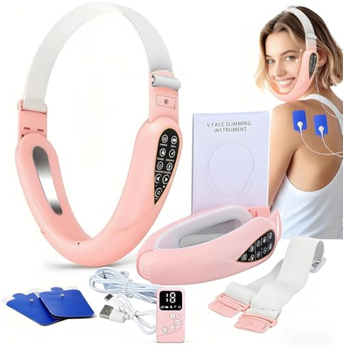 Elektrisches V-Face Shaping Massager + Elektrostimulator 2026-Version | Doppelkinn Entferner & Straffer | EMS Gesichtsmassagegerät | Rote&Blaue Phototherapie | 5 Therapie-Modi + Fernbedienung (Rosa)