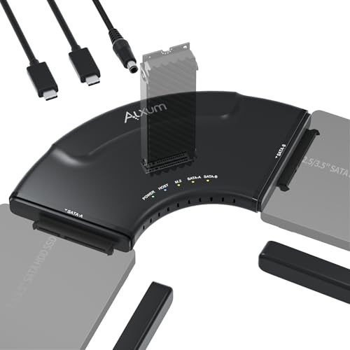 Alxum USB-C 10Gbps Festplatten Adapter für 2 PCs & M.2/SATA SSD HDD | Dual-Host 2 PCs direkt verbinden UFP-Switch für nahtloses Umschalten 3 Laufwerke gleichzeitig Windows & Mac Inkl Netzteil.