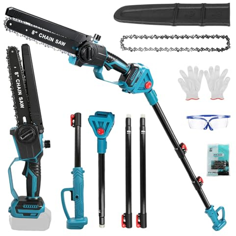 Scie à élaguer professionnelle sans fil chaîne compatible avec Makita 18V, 8 pouces Scie à élaguer sans Balais avec manche télescopique électrique hauteur travail du sécateur (Sans batterie)