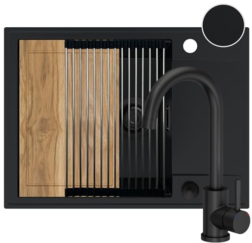 SINK QUALITY Spülbecken schwarz mit Armatur Set 62x46 - Spüle mit Wasserhahn, Schneidebrett, Siphon PUSH schwarz, Abtropfgestell, Imprägniermittel - Küchenspüle Komplettset für 55er Unterschrank