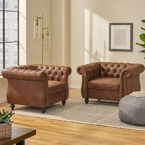 Christopher Knight Home Lucine Faux Suede Upholstered Chesterfield Chair Set of 2, Mid-Century Modern Single Sofa Chair, Button-Tufted Rolled Armchair, Brown+Dark Brown