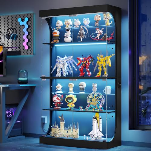 Hzuaneri Display Cabinets with Glass Door and Colorful Lights, 4 Tiers | Blcak Glass Display Intelligent Human Sensor, Display Case Bookcase for Living Room, Bedroom, for Collectibles Trophy