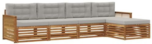 vidaXL Outdoor-Sofagarnitur mit Kissen 5 pcs Natürlich und Hellgrau, Garten, modernes Outdoor-Sofa, Sitzgruppe für die Terrasse, gemütliche Loungemöbel