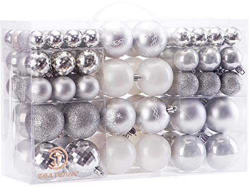 Sea Team 100 Pieces of Assorted Christmas Ball Ornaments Shatterproof Seasonal Decorative Hanging Baubles Set with Reusable Hand-held Gift Package for Holiday Xmas Tree Decorations, Silver