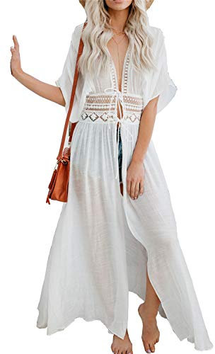 L-Peach Women's Lace Drawstring Waist Kimono Beach Dress Cover ups One Size C White