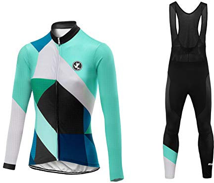 Uglyfrog Fahrrad Trikot Langarm, Damen Winter Fahrradanzüge Set mit Sitzpolster mit Radsport, Trägerhosen für Fahrrad Rennrad