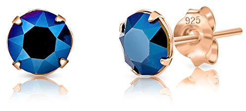 Orecchini Donna Blu - Punto Luce Oro Rosa - Orecchini Argento 925 Placcati Oro Rosa con Brillantino di Cristallo Blu 6 mm - Orecchini Oro Rosa Donna - Orecchini Placcati Oro