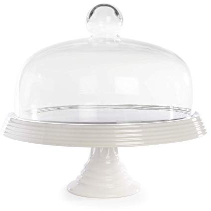 Ceramic Cake Stand with Glass Dome Lid – Cake Display Platter for Parties, Weddings | Elegant Dessert Stand with Cover for Table or Countertop | M&W