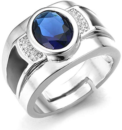Halukakah Diamantring mit Blauem Edelsteinkristall,Herren 18 Karat Echtes Weißgold Platiniert Iced Out Handset Lab Diamanten Schwarz Achat Größe Einstellbar mit KOSTENLOSER Geschenkbox