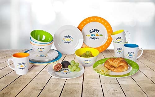 BERGER Happy Camper Geschirr Set 16-TLG. | Campinggeschirr 4 Personen | leicht & unzerbrechlich | Tafelservice Camping Teller Becher Schüsseln Dessertteller | Geschirrset Wiederverwendbar