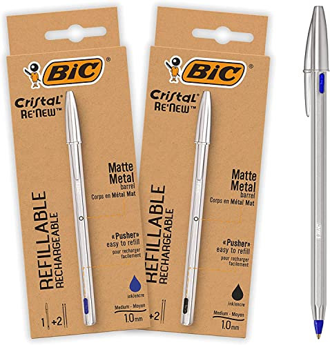 BIC Kugelschreiber Cristal Re'New Metall, 2 hochwertige, nachfüllbare Stifte, nachhaltig, in Blau und Schwarz mit je 2 Ersatzminen, Ideal für das Büro und Home Office