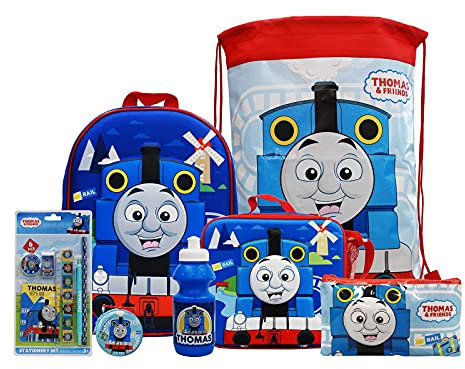 simpahome Thomas & Friends 7PC Back to School Bundle - inc 3D Backpack, Drawstring Sports Bag, 3D Insulated Lunch Bag, Water Bottle, Coin Pouch, Pencil Case & Stationery Set.