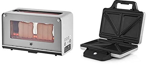WMF Lono Toaster Glas mit Brötchenaufsatz, 2 Scheiben, XXL & Lono Sandwich Maker, Sandwichtoaster, für 2 Standard- oder XXL-Toasts, 2-stufige Höhenanpassung für mehr Füllung, edelstahl matt