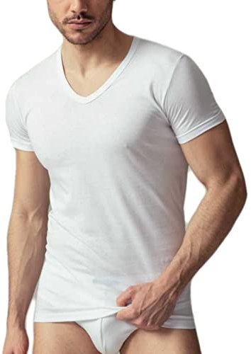Maglia (3 Pezzi) Intima Estiva Scollo a V Mezza Manica 100% Cotone (3XL, Bianco)