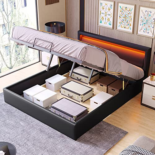 Merax Polsterbett mit LED Beleuchtung, 140 x 200 cm Doppelbett mit Lattenrost und Stauraum, mit Beleuchtetem Kopfteil in diversen Farben, Schwarz