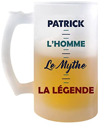 Chope de bière Patrick Mythe Légende - cadeau idée anniversaire Fête des Pères Humour - Verre givré 470 ml avec poignée Alcool Pinte