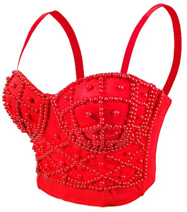Woboren Reggiseno da donna clubwear party punk gotico corsetto punk corsetto push-up con strass diamante (Rosso, XS)