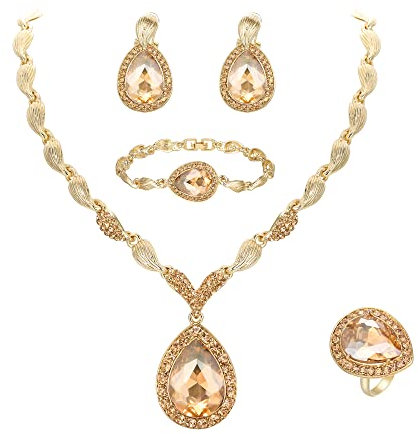 Clearine Damen Schmuckset für die Braut, Tropfen, Kristall Batt Cluster Lätzchen Statement-Halskette, Armband, Ohrstecker und Ring Set für Hochzeit 06-Champagner-Goldton