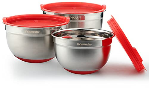 Parmedu Juego de Tazones para Mezclar de 100% Acero Inoxidable 304 con Tapas Herméticas, 3 Tazones de Almacenamiento 2L/1.5L/1L con Marcas de Graduación y Base Antideslizante