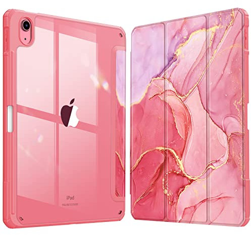Fintie Hybrid Hülle für iPad (A16) 11 Generation 11 Zoll 2025, iPad 10 Generation 10.9 Zoll 2022 mit Stifthalter - Stoßfeste Schutzhülle mit transparenter Hartschale auf der Rückseite, Marmor Pink