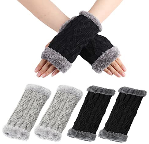 MIVAIUN 2 Paar Fingerlose Handschuhe Halb Fingerhandschuhe Verdickte Plüsch Armstulpen, Gestrickte Handschuhe Winterhandschuhe, Geschenke für Frauen Größe für Erwachsene Jugend (Schwarz und Grau)