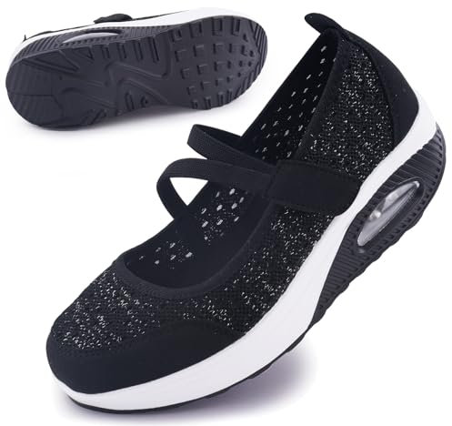 Git-up Zapatos Cómodos para Caminar para Mujeres con Correa Ajustable, Zapatos de Enfermería Casuales de Malla Transpirable Zapatillas Ligeras de Cojín de Aire, LentejuelaNegro38