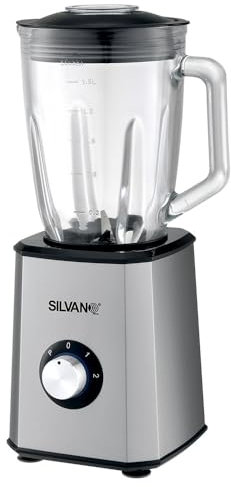 Batidora de Mesa 600W Silvano, Jarra de Cristal de 1,5L, Base Acero Inoxidable, 2 Velocidades + Función Pulse Incluye Molinillo de Cristal, Desmontable para Limpieza Sencilla, Apta para Picar Hielo