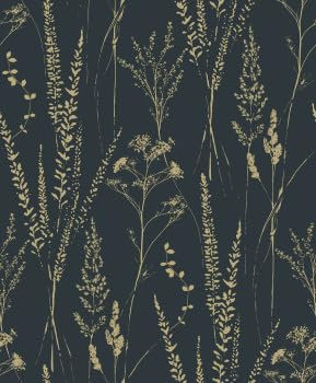 Grandeco Halm Grass & Flower Sprigs Blown Vinyl Wallpaper, Black Gold