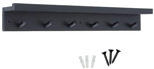 Keypak 6 Coat Hooks with Shelf, 68cm Wooden Floating Shelf with Lip, Wall Mounted Coat Rack Hallway Organiser - Pre-Assembled, Fixings Included (Black)