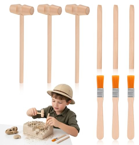 TOYANDONA 3 Sets Dinosaurier-Grabwerkzeuge Holz-Grabhammer Und Meißelpinsel-Set Für Edelsteine Archäologisches Ausgrabungswerkzeug-Set Rollenspiel-Wissenschaftsset Für Kinder