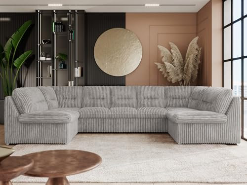 MKS MEBLE Sofa XXL U-Form Cord Grau, Wohnlandschaft U Form mit Schlaffunktion, Sofa mit Schlaffunktion, Schlafsofa mit Topper, Wohnzimmer Couch mit schlaffunktion - Comodo U - Hellgrau Cord