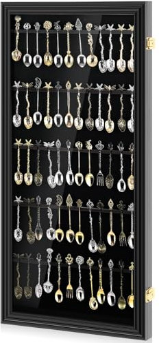 Silipull Spoon Display Case, Black, 30 x 14 Inch, Lockable, UV Protection, Wall Mount, Wooden Frame, 60 Spoon Capacity