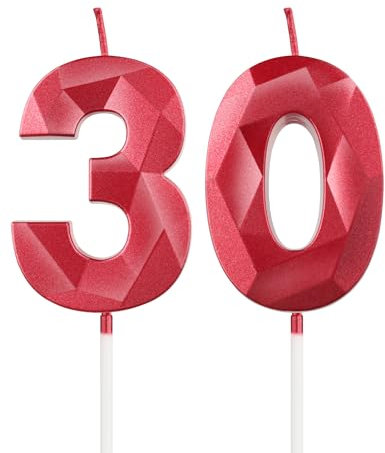 mciskin Red 30th Birthday Candles, 3D Number 30 Candles for Cake, Women Men 30th Birthday Decorations,Pearl Red Candle Cake Topper Decorations for Birthday Party Weddings Anniversary Supplies
