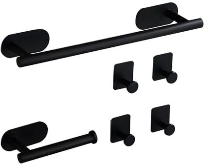 Bathroom Accessory Set, Self Adhesive Towel Rail, Toilet Roll Holder Self Adhesive Toilet Roll Holder - Wall Mounted for Convenient Bathroom Storage, No Drilling, Black