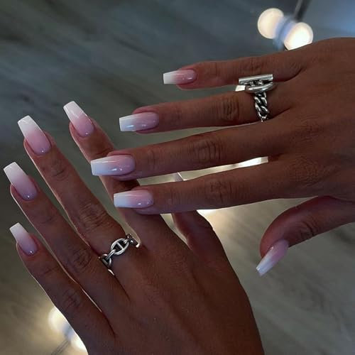 DMQ French False Nails Medium, 24Pcs Gradient Pink White French Fake Nails, Coffin Press on Nails Pattern, Ombre Nail Tips with Nail Glue, Stick on Nails for Women Girls Nails Art