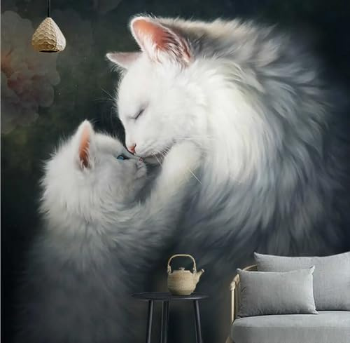 Kitquiver 3D White Cat Wall Mural Wallpaper 3D Animal Oil Painting 3D Wallpaper Self Adhesive Mural Ceiling Decoration Sticker Wall Art 350x245cm