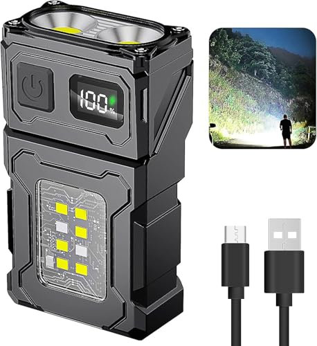 Lampe Torche LED Rechargeable, Lampe de poche, Lampe Tactique avec Affichage Puissance, 1000 LM, USB-C, IPX5, 1800 mAh, Base Magnétique, Voyant Avertissement Rouge et Bleu (Noir)