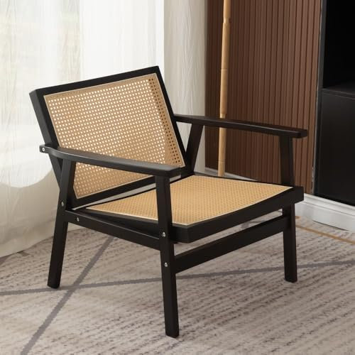 Wooden Accent Chair with PE Rattan Look, Single Padded Seat Lounge Armchair, Leisure Comfy Occasional Reading Armchair Side Dining Chairs (Walnut, chair only, without seating pad and back cushoin)
