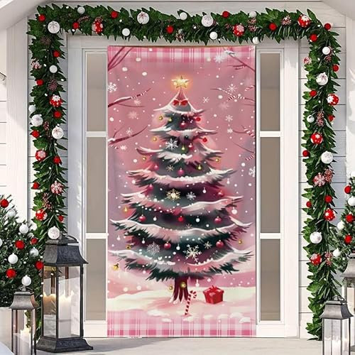 Surwin Forro Puerta Navidad,Moderno Colorida Adornos Navidad Decoración de Cubierta de Puerta de Navidad, Decoracion Navidad Exterior Interior Casa, Pancarta de Navidad (Árbol de Navidad 3,90X200cm)