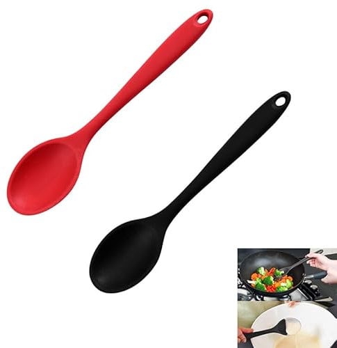 2PCS Plastic Serving Spoons Silicone Mixing Spoon Heat-Resistant Cooking Nonstick Plastic Spoons for Cooking for Cooking Utensils Stirring Scooping Mixing Food Grade Serving Soup Spoon(Red Black)