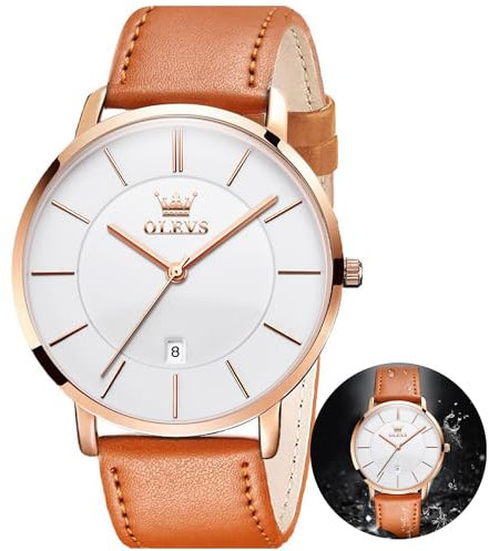 OLEVS Herren-Armbanduhr, klassisch, Business-Armbanduhr, atmungsaktives Lederarmband, lässig, Kalender, wasserdicht, stilvoll, geeignet als Geschenk, G5869: Orangefarbenes Band und rotgoldenes und