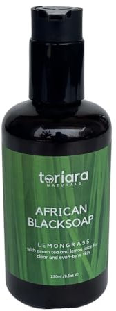 Toriara Naturals African Black Soap with Lemongrass – 250ml | Organic Face & Body Wash for Acne, Oily Skin, Blemishes & Dark Spots | With Honey, Green Tea & Lemon Juice