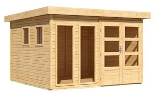 CHILLROI® Karibu Gartenhaus Pentus aus nordischer Fichte Verschiedene Größen optinal mit Anbaudach, lichtdurchflutetes Design mit Flachdach (naturbelassen, XL)